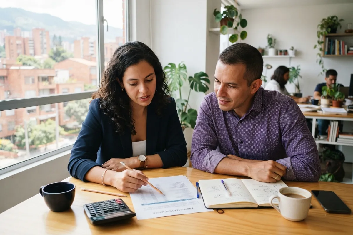 Socios revisando el desglose impreso de una cotización con una calculadora al lado