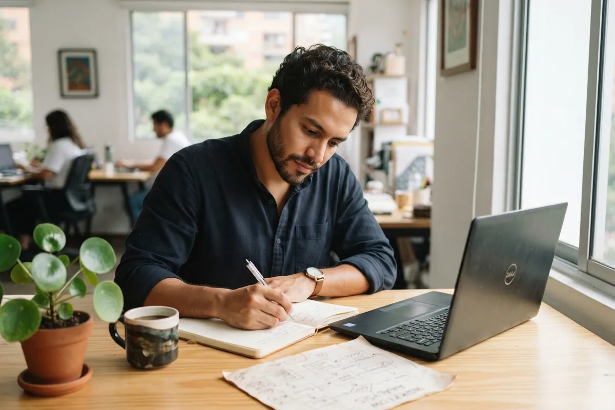 Persona revisando la configuración de los correos del negocio con apuntes a mano