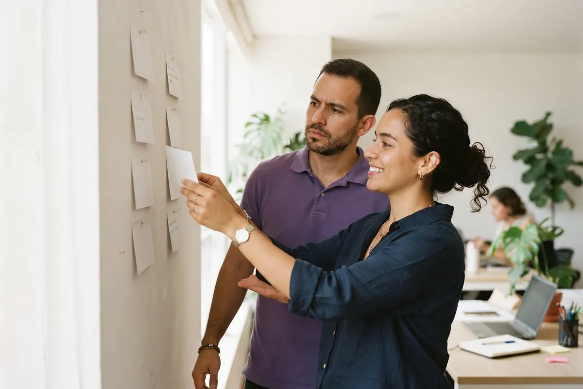 Equipo comparando dos opciones con fichas de papel sobre una pared blanca