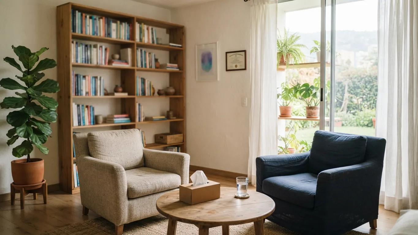 Consultorio luminoso de un profesional de la salud, con la silla del paciente y una planta junto a la ventana