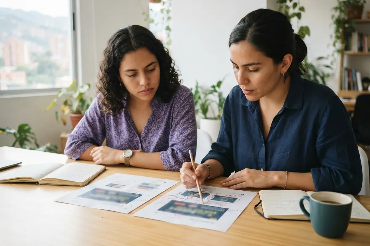 Dos personas comparando dos versiones impresas de una campaña antes de decidir