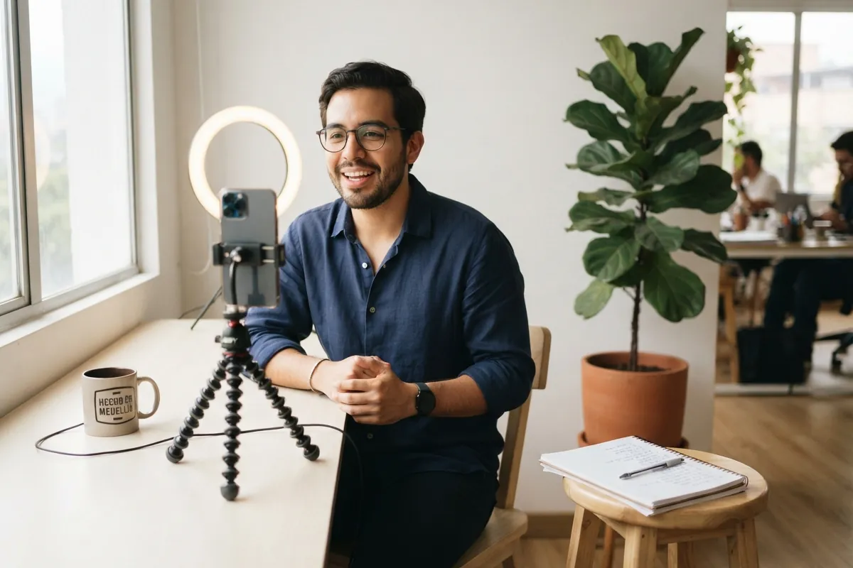 Creador grabando un video corto con el celular en un rincón luminoso de la oficina