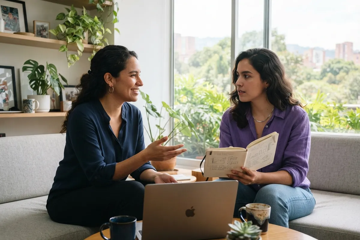 Dos personas conversando sobre resultados con gráficas dibujadas a mano en una libreta