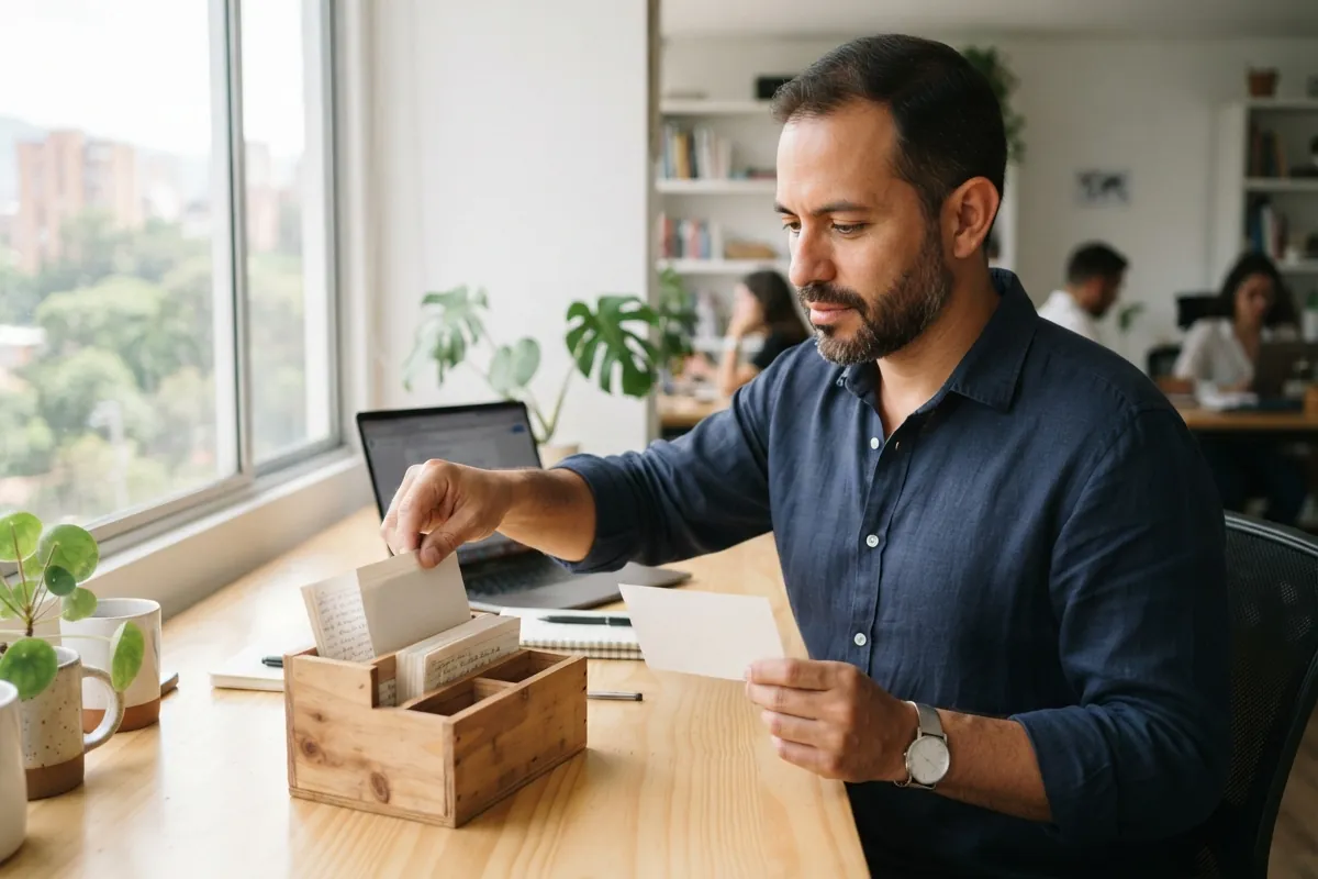 Persona organizando fichas de clientes en un archivador de escritorio