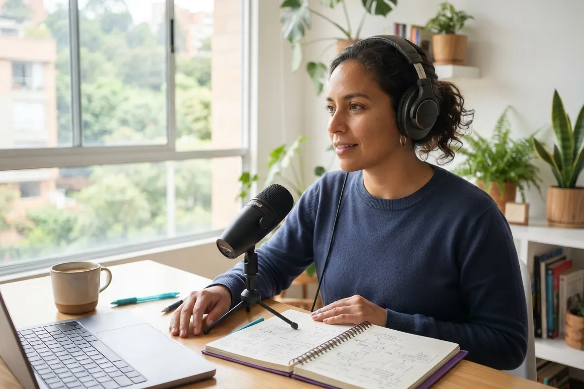 Persona hablando con auriculares y micrófono de escritorio en una oficina luminosa