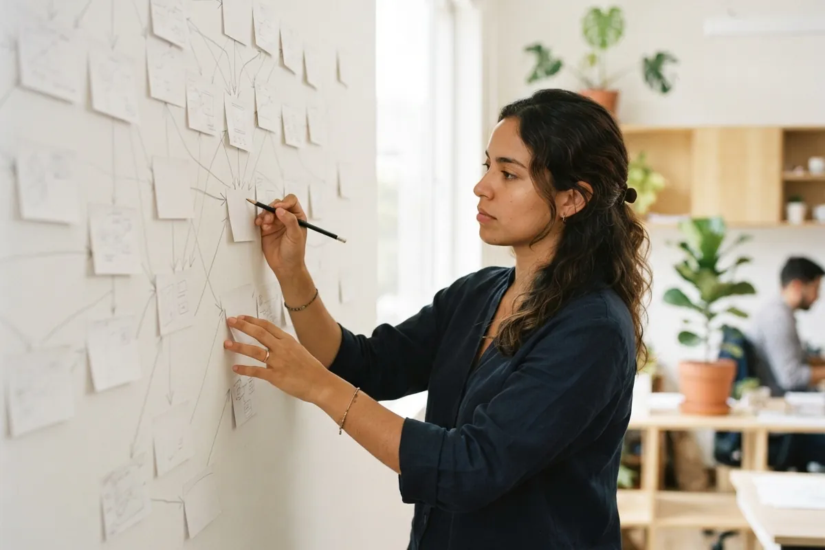 Fichas de papel conectadas con líneas a lápiz sobre una pared blanca