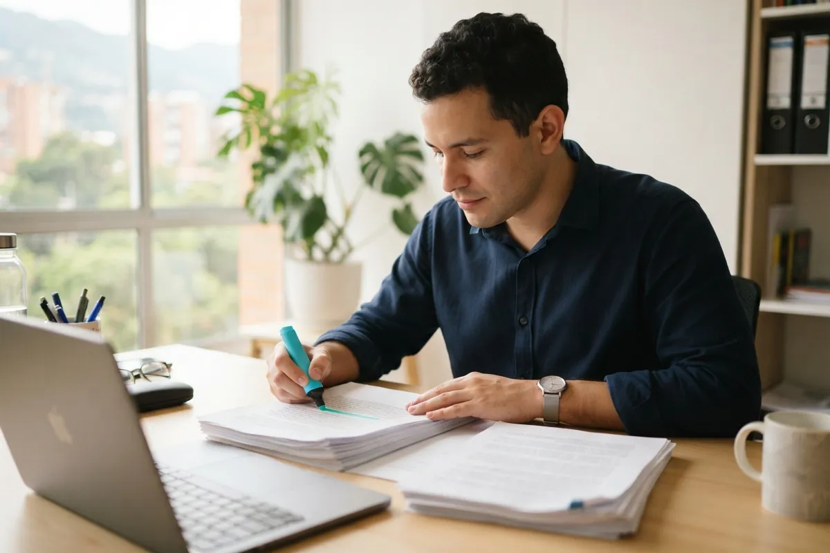 Persona leyendo documentación impresa y subrayando los cambios