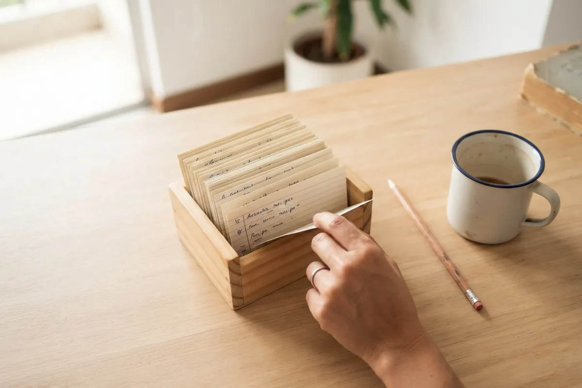 Fichas con pasos de un procedimiento ordenadas en una caja de escritorio