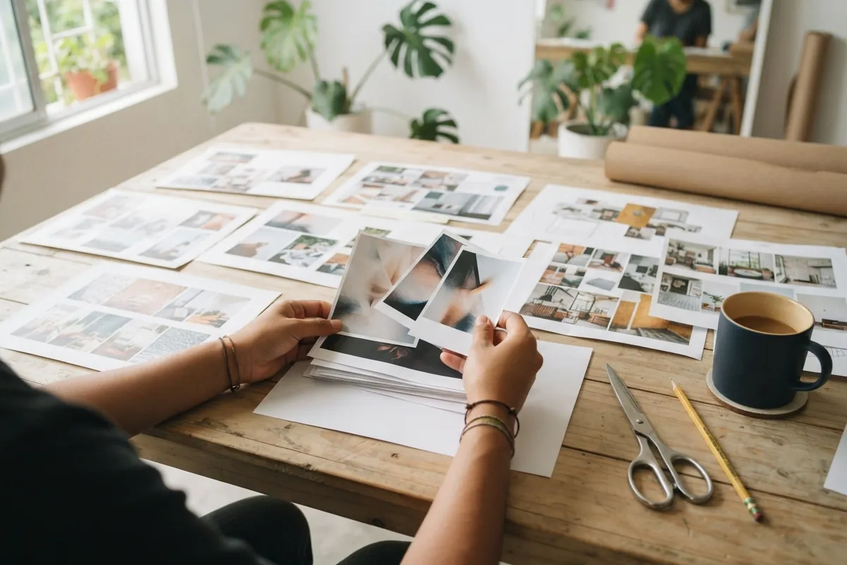 Fotos y piezas impresas extendidas sobre la mesa para escoger las que se reutilizan
