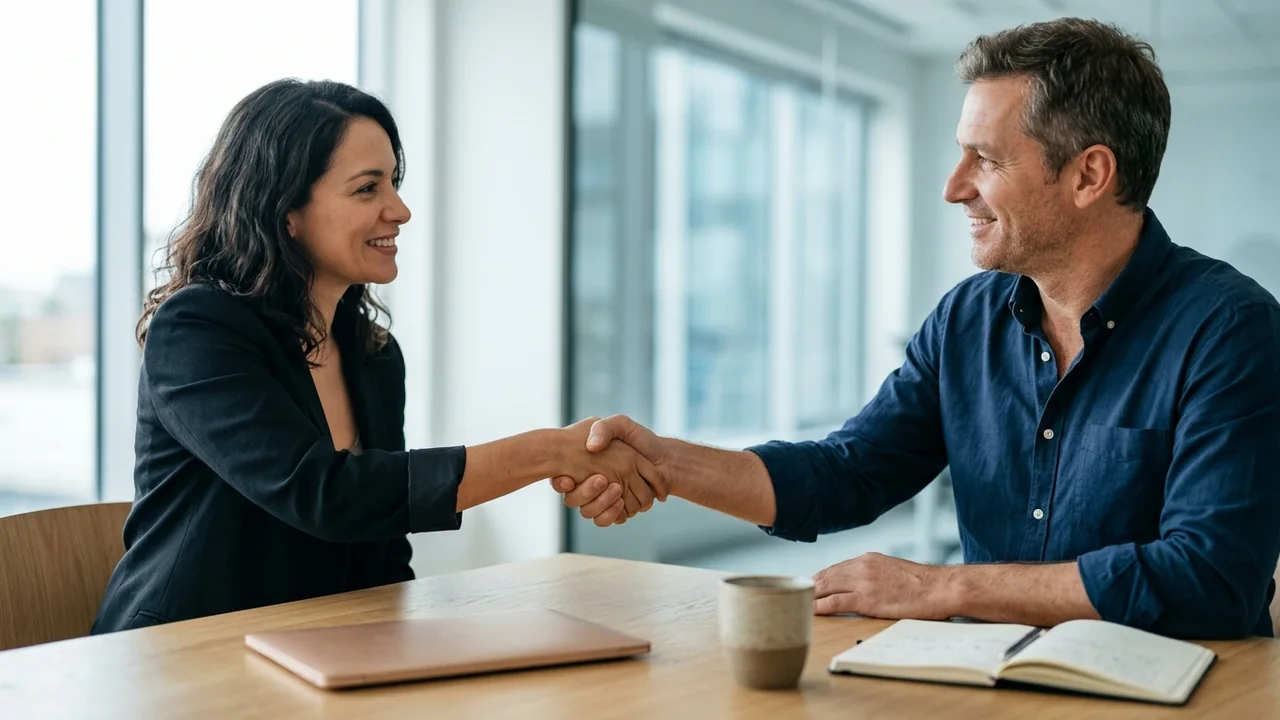 Dos personas llegando a un acuerdo y dándose la mano en una reunión profesional