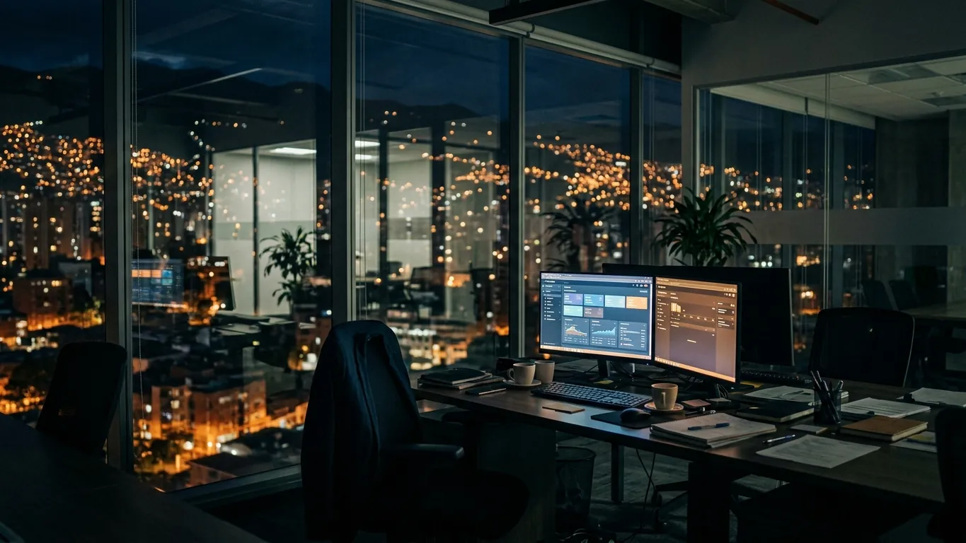 Estación de trabajo técnica de Mentoría con monitores y vista nocturna de Medellín