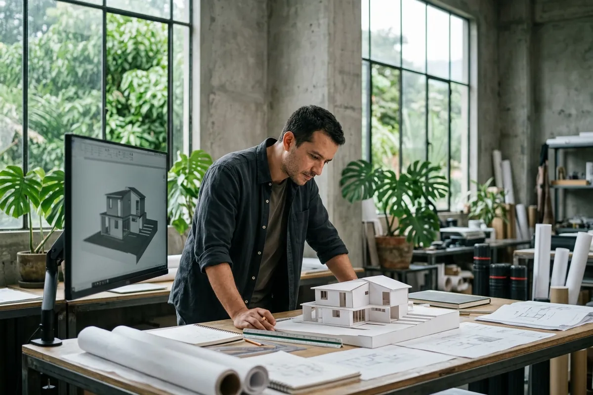 Arquitecto revisando planos junto a su computador