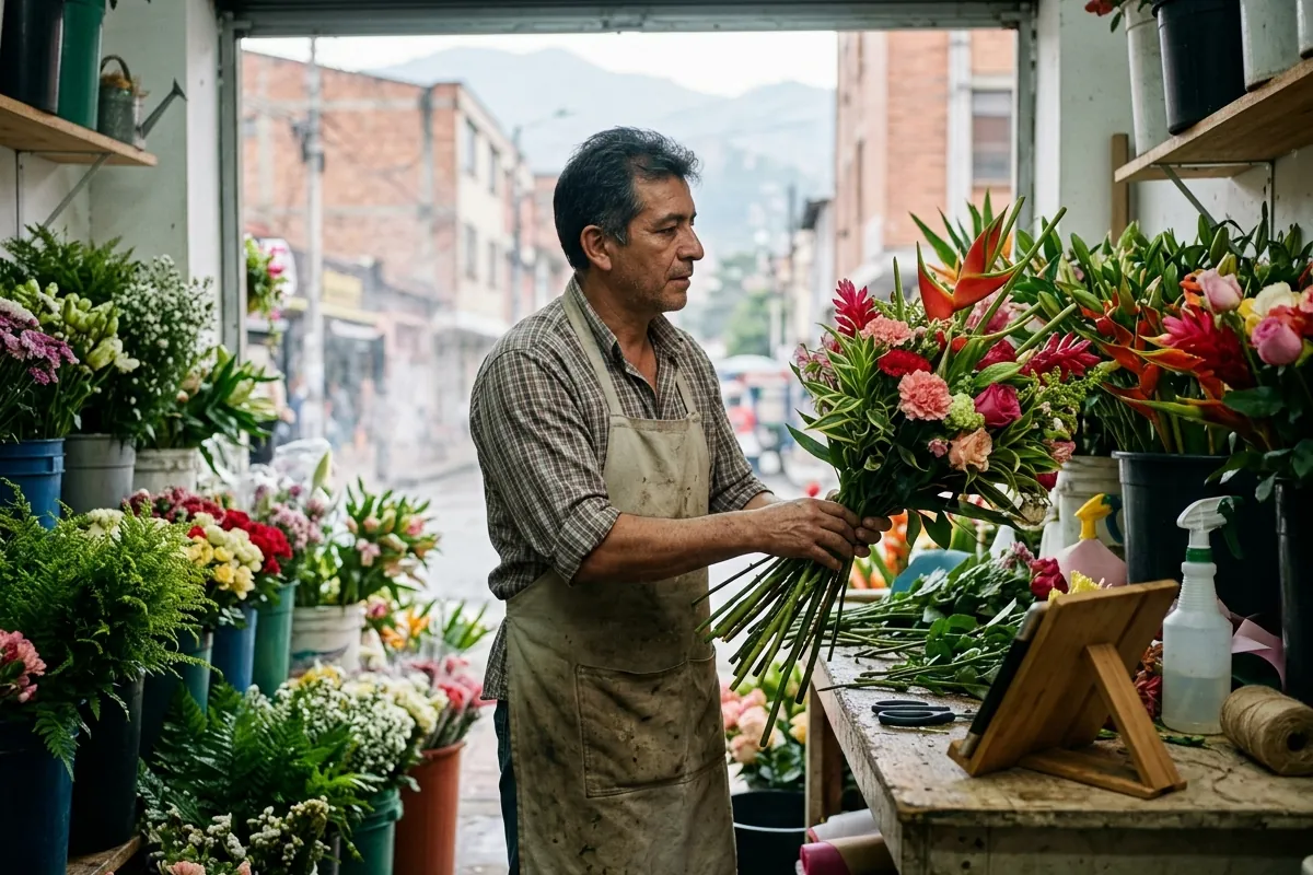 Florista preparando un ramo mientras revisa un pedido en la tableta