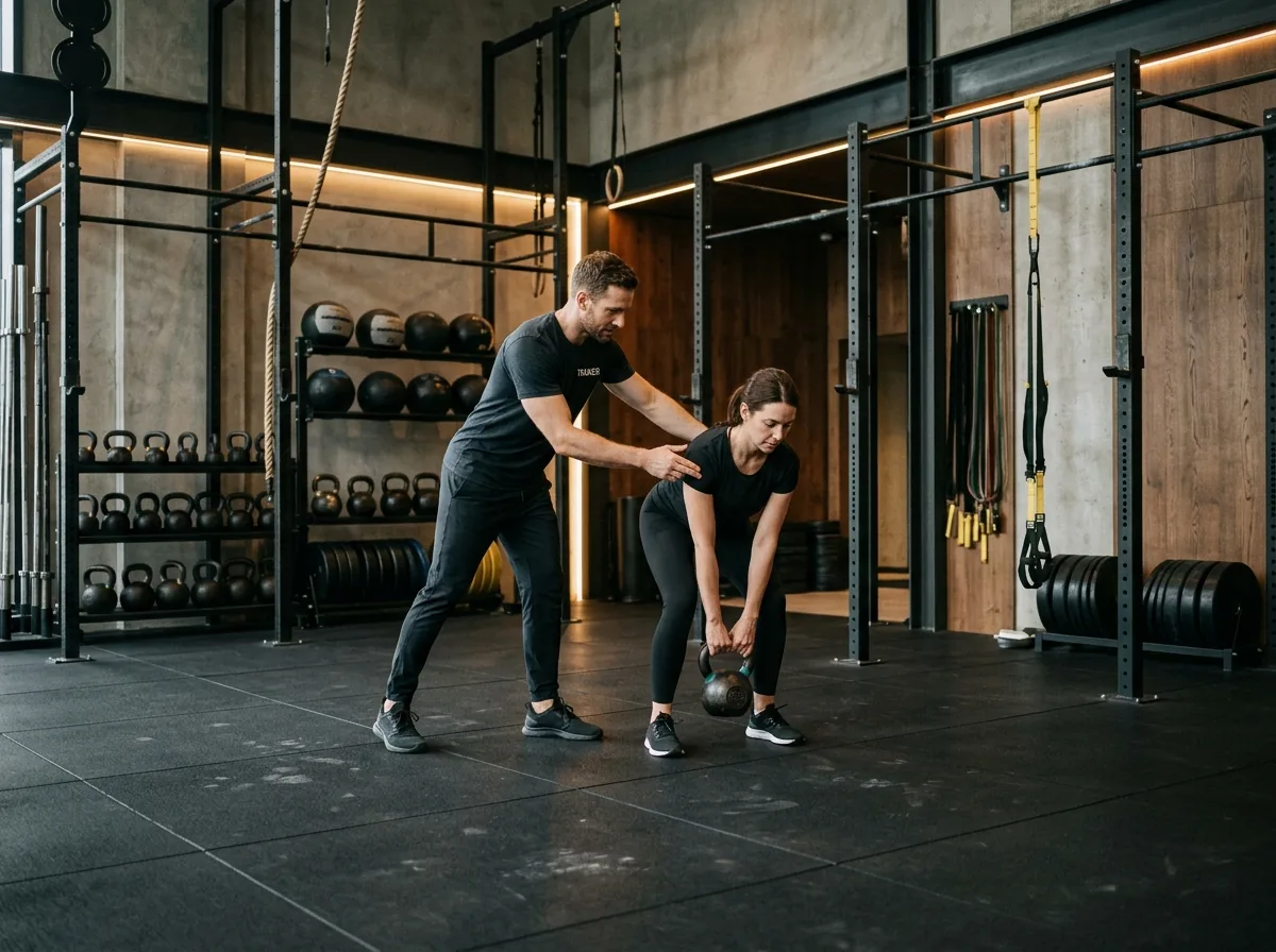 Entrenador guiando sesión funcional en centro fitness