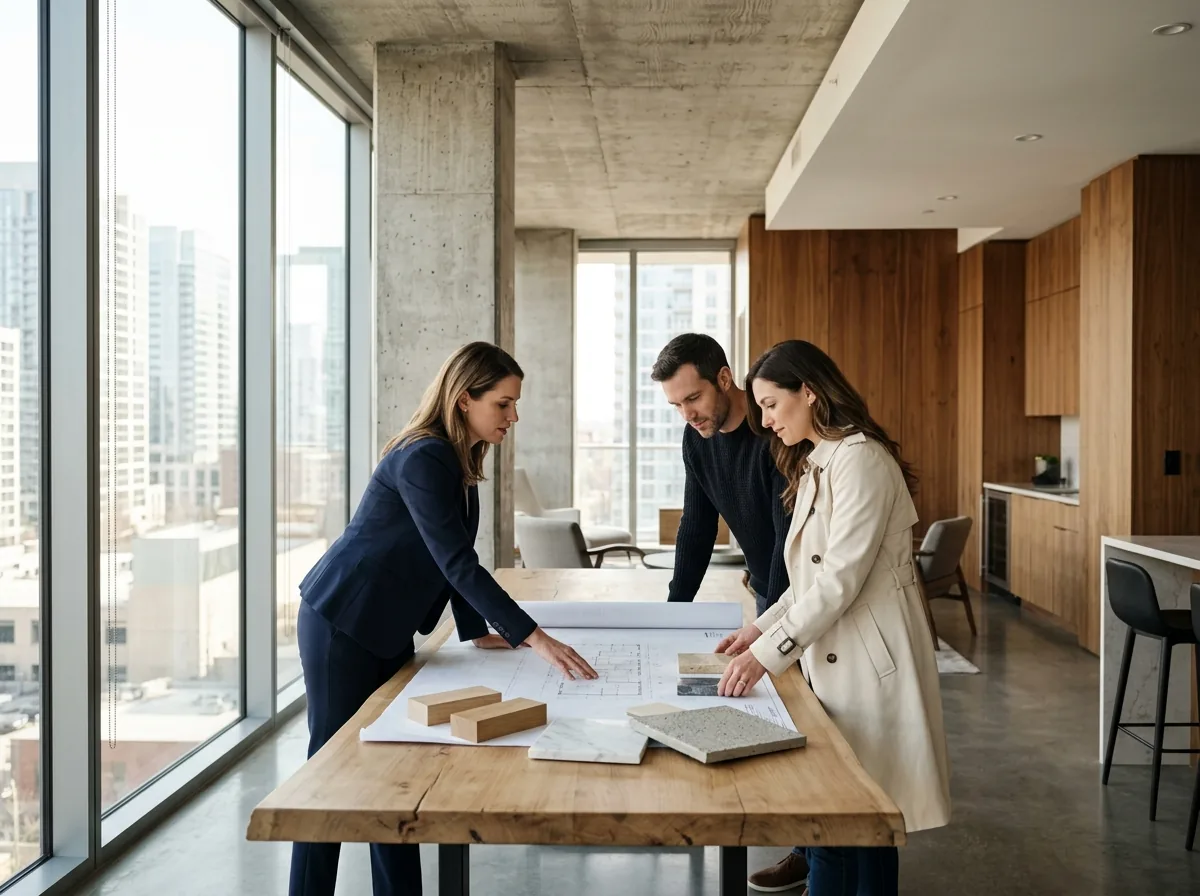 Asesor inmobiliario mostrando planos a clientes