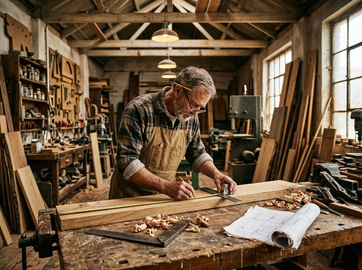 Maestro carpintero midiendo madera en taller de diseño