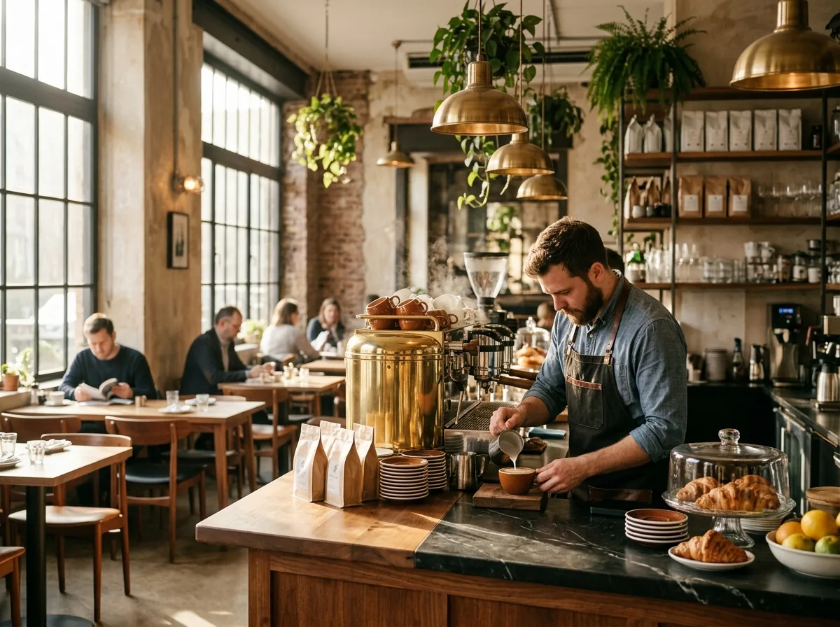 Barista preparando café en barra moderna