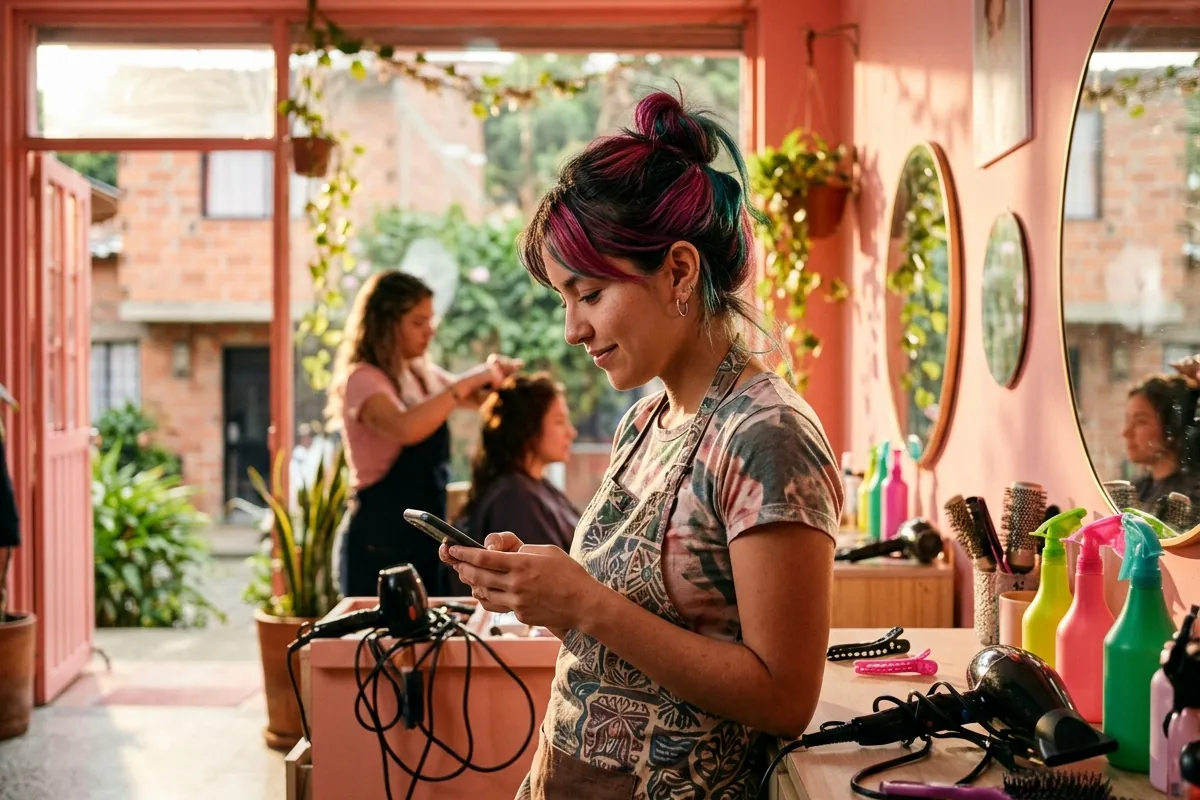 Dueña de un salón de belleza revisando las reservas del día en su celular