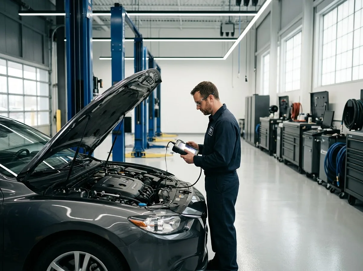 Técnico automotriz utilizando escáner diagnóstico en taller limpio