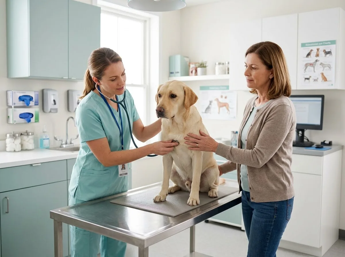 Veterinaria examinando un perro en consultorio