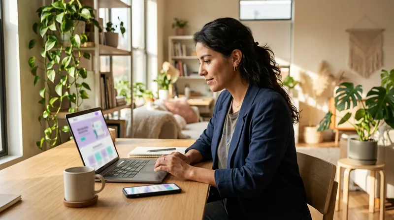 Emprendedora revisando su página web en el portátil y el celular