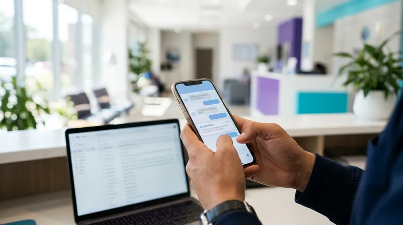Persona respondiendo mensajes de clientes en el celular, con el correo abierto en el portátil