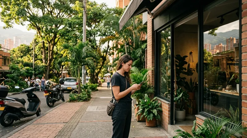Mujer buscando un negocio local en su celular frente a una tienda en Medellín