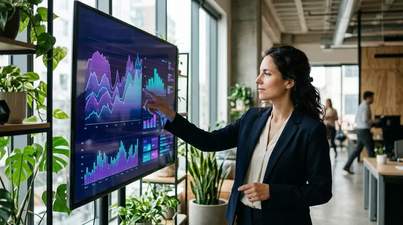 Analista señalando gráficas de resultados en una pantalla grande