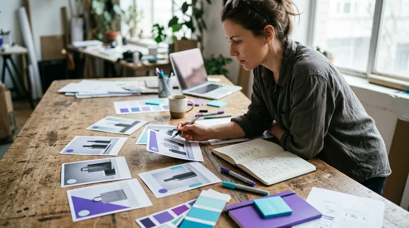 Emprendedora revisando piezas de anuncios sobre la mesa de trabajo
