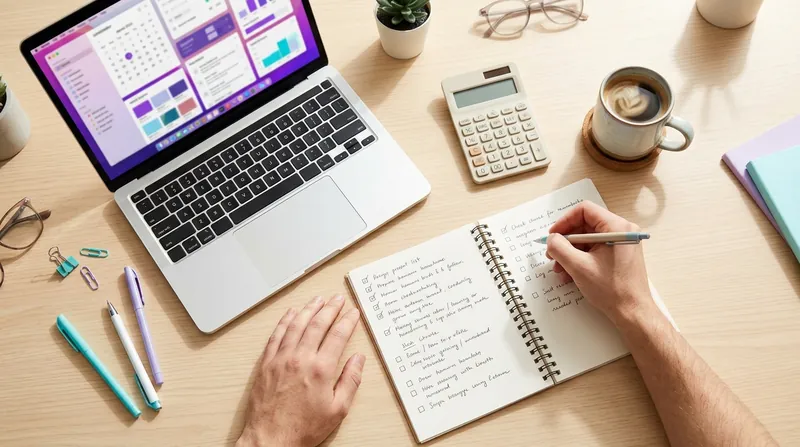 Escritorio con portátil, calculadora y una lista de herramientas revisada a mano
