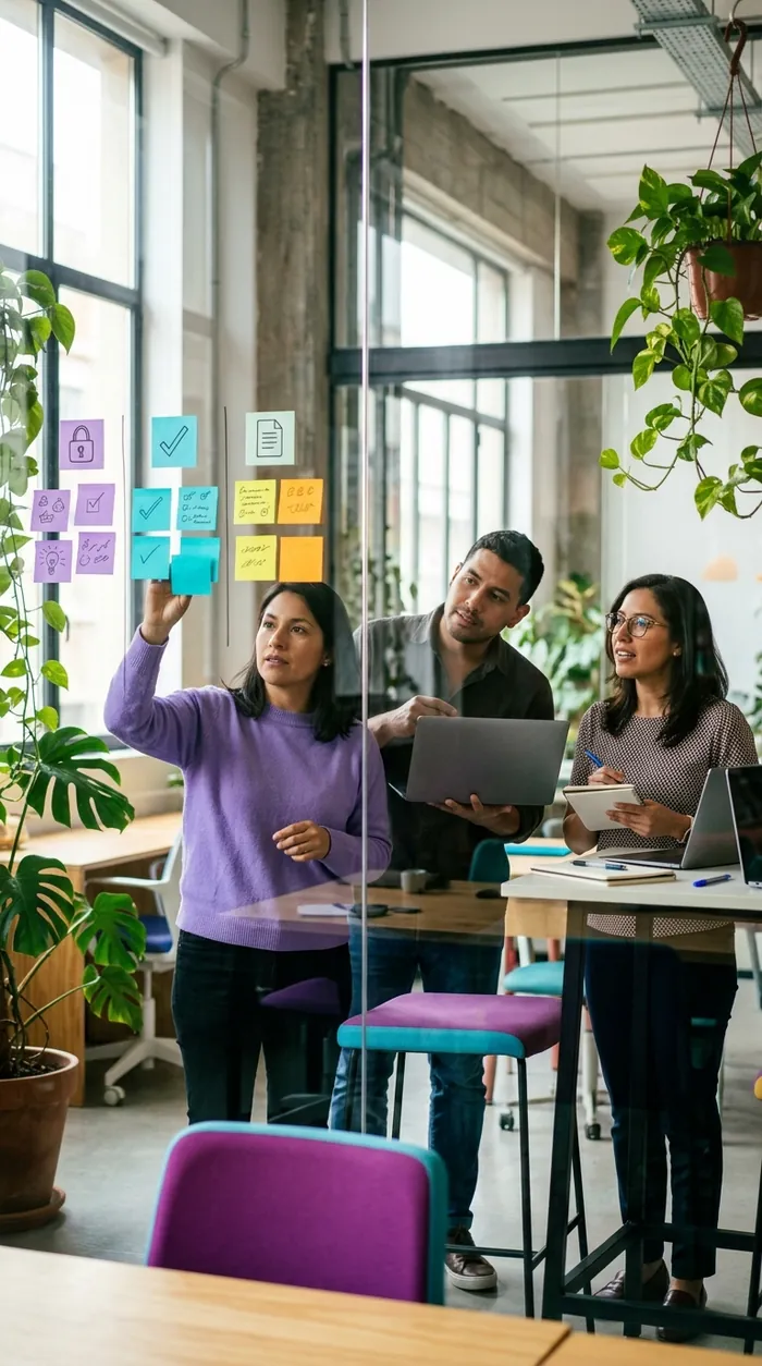Equipo acordando reglas para usar herramientas de inteligencia artificial con notas en una pared de vidrio