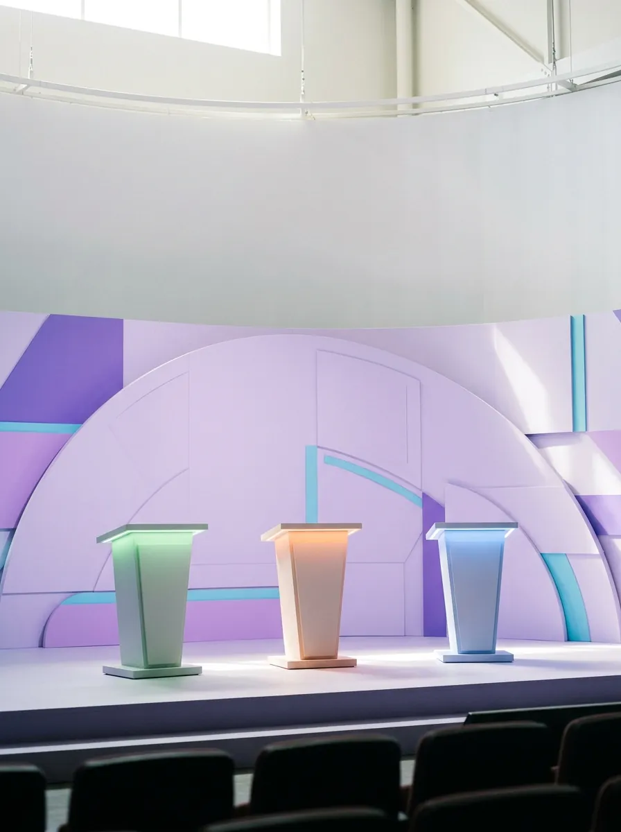 Three empty podiums on a bright stage, each lit in a different color: green, orange and blue
